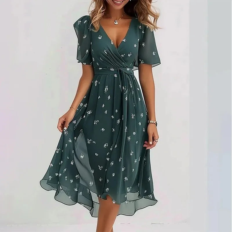 Elegantes und modisches bedrucktes knielanges Kleid für Damen 2026 – Neues, lockeres, lässiges V-Ausschnitt-Kleid mit Blumenmuster für Frauen