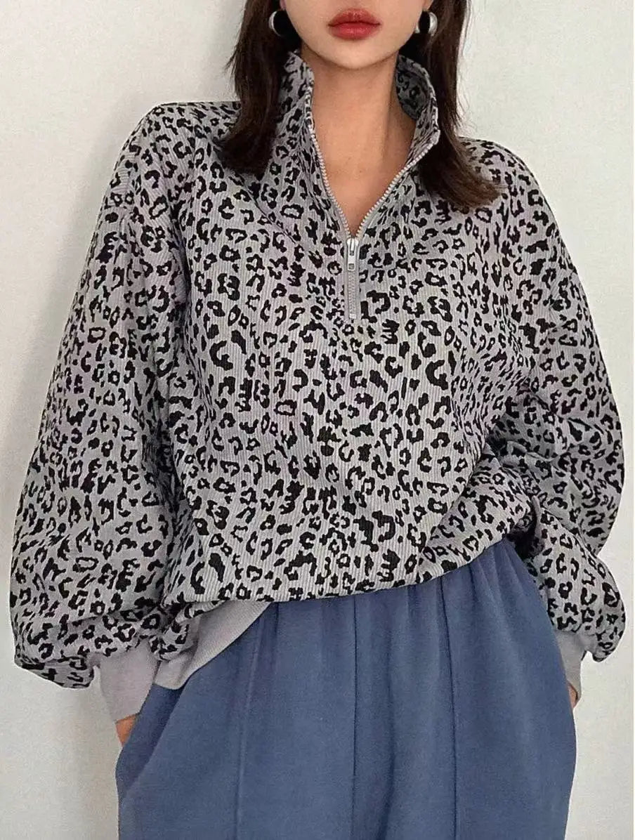 Damen Stehkragen Leopardenmuster Half Zip Mode Pullover Langarm Sweatshirt Herbst Winter Sudaderas Herbst Pullover Damen
