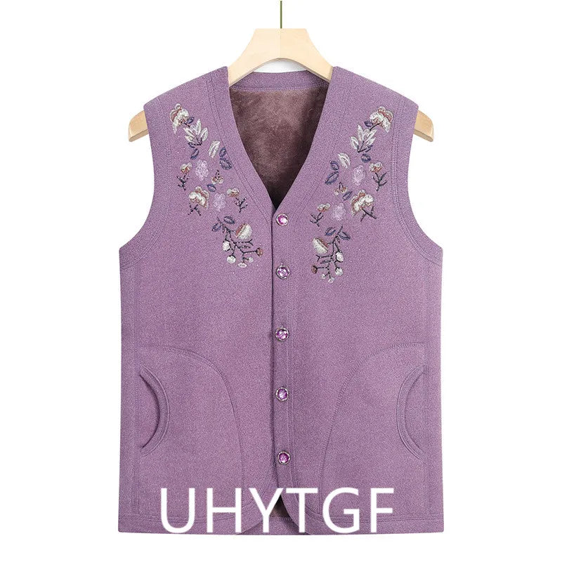 Oma Herbst Winter Weste Frau Stickerei Einreiher Plüsch Warme Ärmellose Jacke Weibliche Casual Weste Mantel 4XL 2925