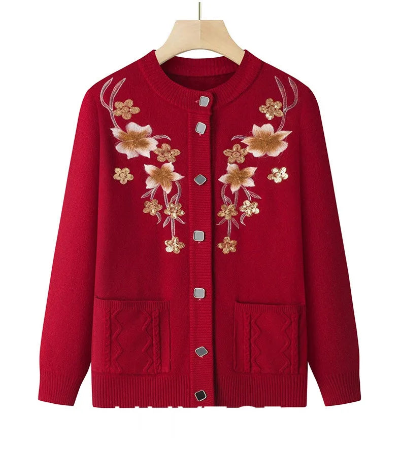 Herbst Winter warme Pullover Jacke Damen Print mittleren Alters Mutter Strickjacke Oma plus Samt Strickjacke Mantel weiblich 2915