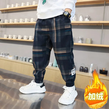 Jungen Dicke Plaid Hosen Frühling Herbst Mädchen Plus Samt Warme Kordelzug Kinder Trend Hosen Mode Teen Sport Casual Hosen 4-12Y