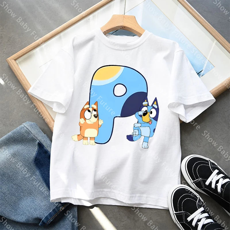 Blueys T-Shirt für Jungen und Mädchen, Cartoon-Buchstaben A-Z, Namenskleidung, Oberteile, Sommer, atmungsaktiv, niedliches Anime-Kurzarmshirt, neue Geburtstagsgeschenke