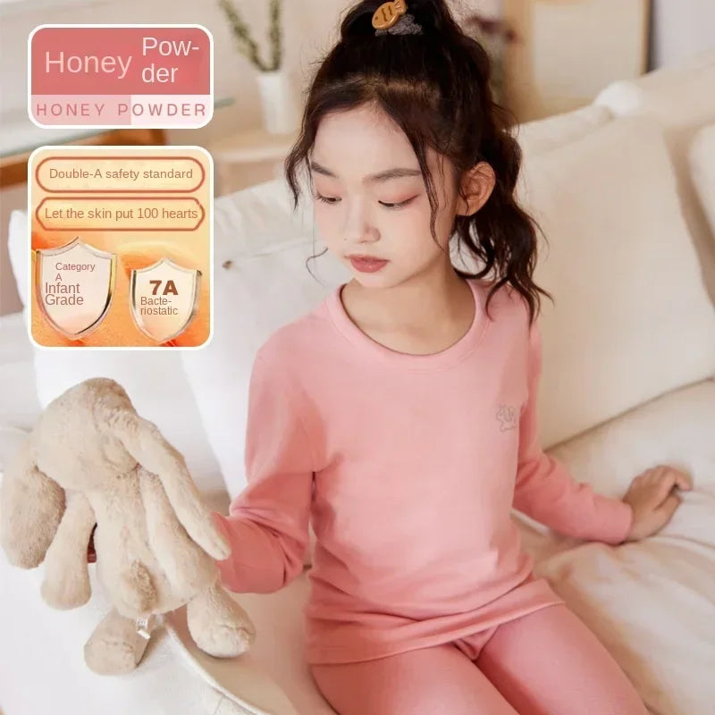 Herbst Winter Teenager Kinder Thermo-Unterwäsche Set Dicker doppelseitiger gebürsteter Stoff Jungen Mädchen Daunenseide Warme Unterwäsche Lange Unterhosen