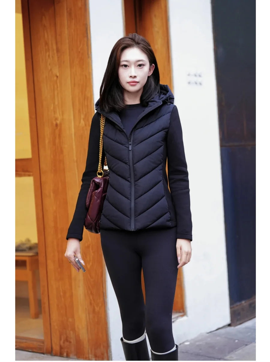 ETJ 2025 neue Damen-elegante Mode-Patchwork-Langarm-Stehkragen-Baumwolljacke mit Kapuze, Sportmantel 8073227
