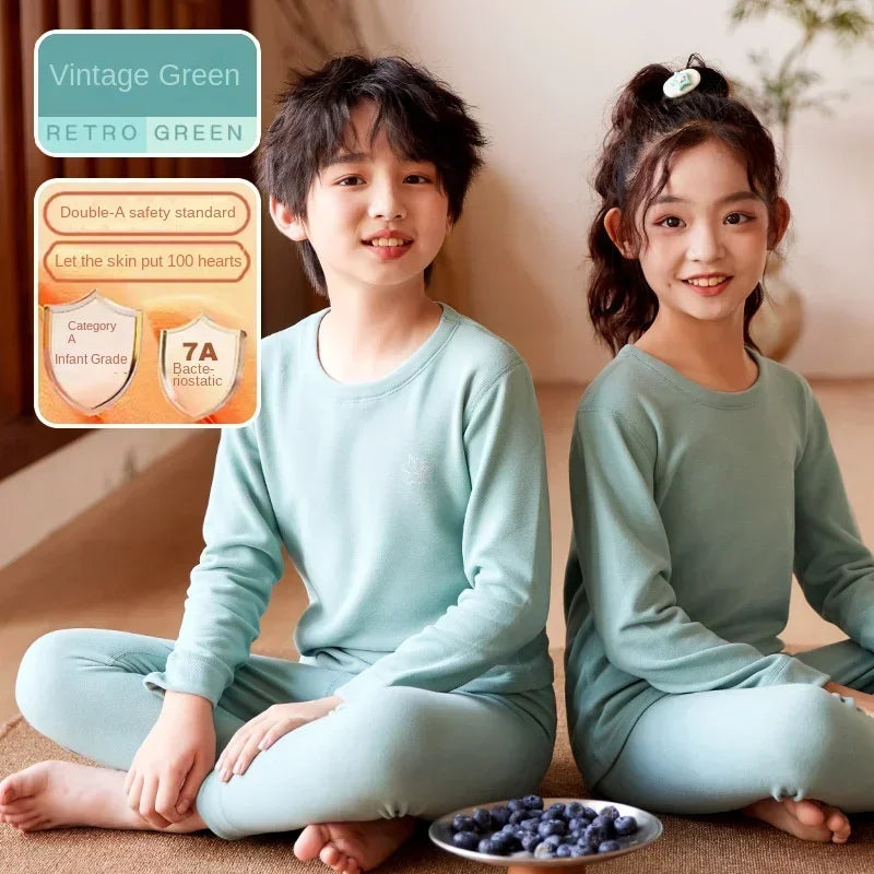 Herbst Winter Teenager Kinder Thermo-Unterwäsche Set Dicker doppelseitiger gebürsteter Stoff Jungen Mädchen Daunenseide Warme Unterwäsche Lange Unterhosen