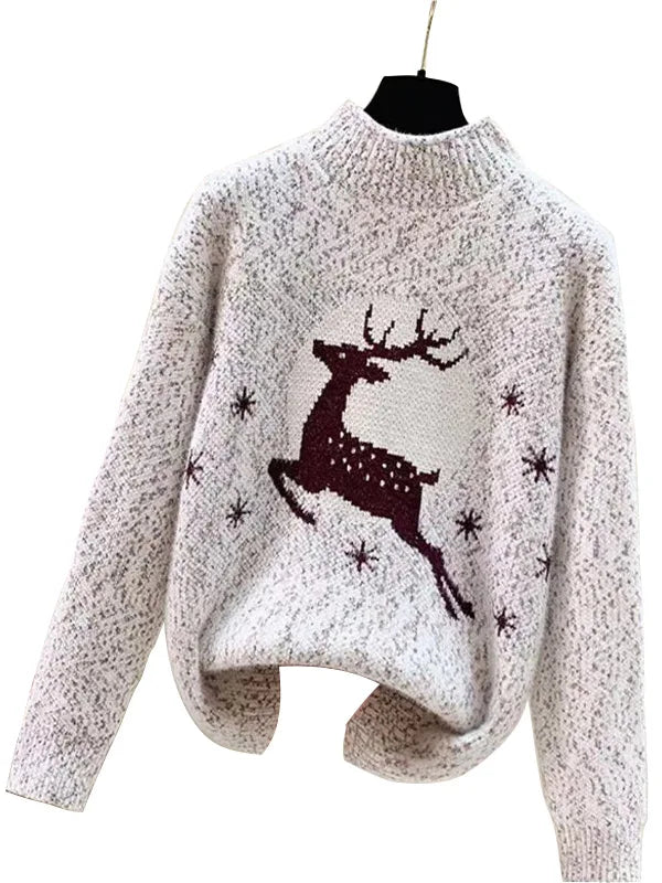 Vintage Herbst Mode Damen Mittelhoher Halsausschnitt Elch Weihnachtsmode Druck Pullover Langarmpullover О гроут Tinggi فسات فщин