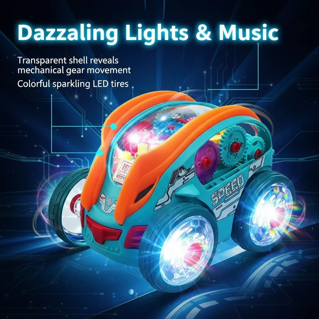 Stunt-Auto für Kinder, drehbares Spielzeugauto mit bunten Lichtern und Musik, elektrisches dynamisches Getriebefahrzeugmodell, Kindergeschenk