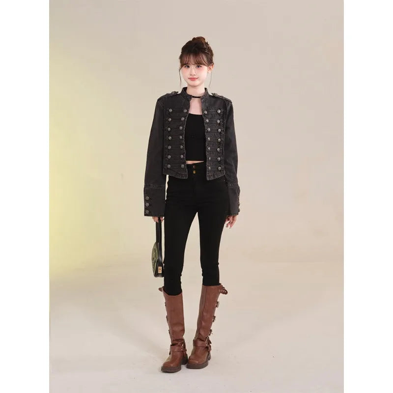 Damenbekleidung Kurzmantel Neue Jeansjacke Retro-Knopfdesign Schlanker Stehkragen Lange Ärmel Jeansoberteil Jacke Kurzmantel