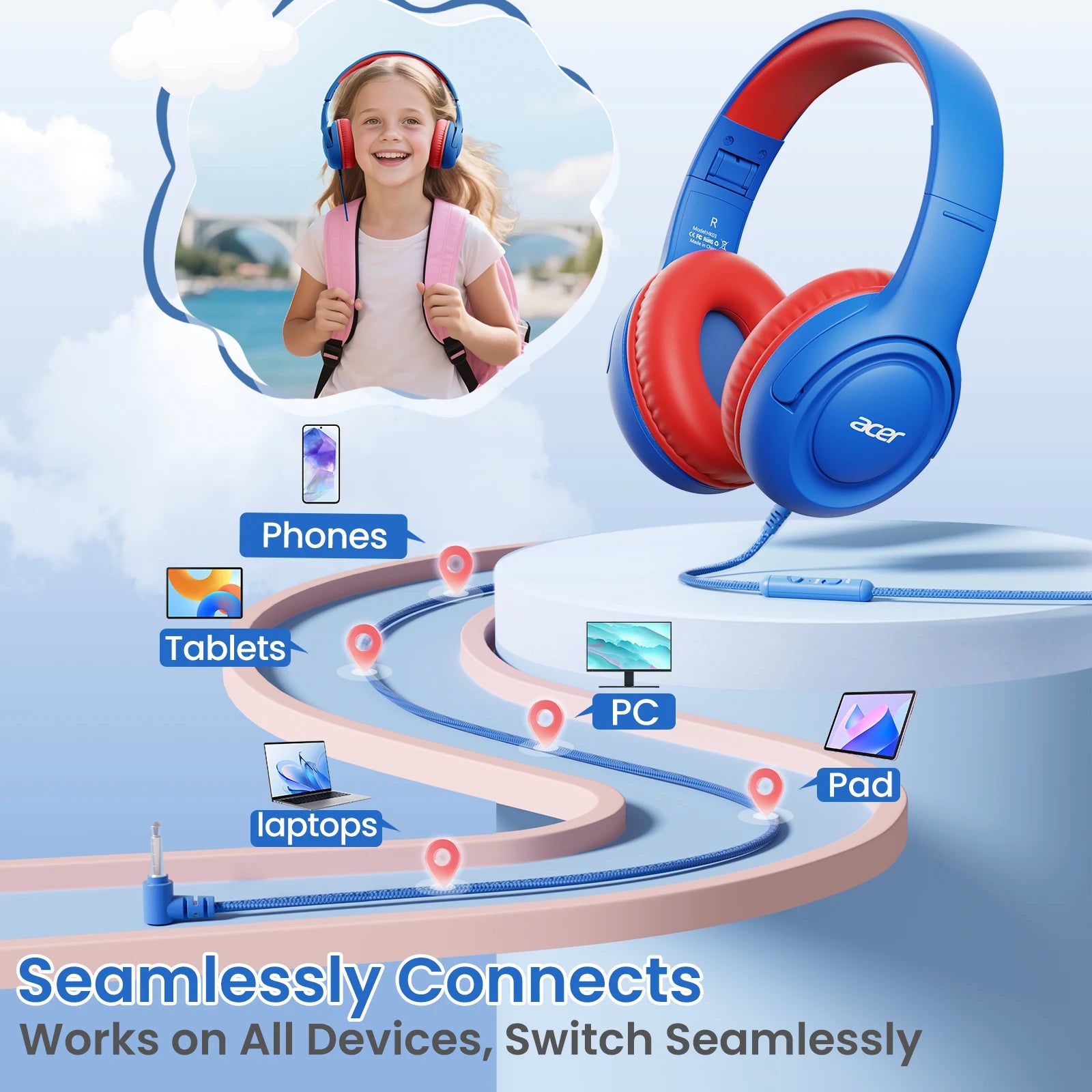 Acer Kinder-Kopfhörer, kabelgebunden, für die Schule, 85/94 dB Lautstärkeregler, faltbares Stereo-Sound-Headset für Kinder, Lerntablett, IPad, PC