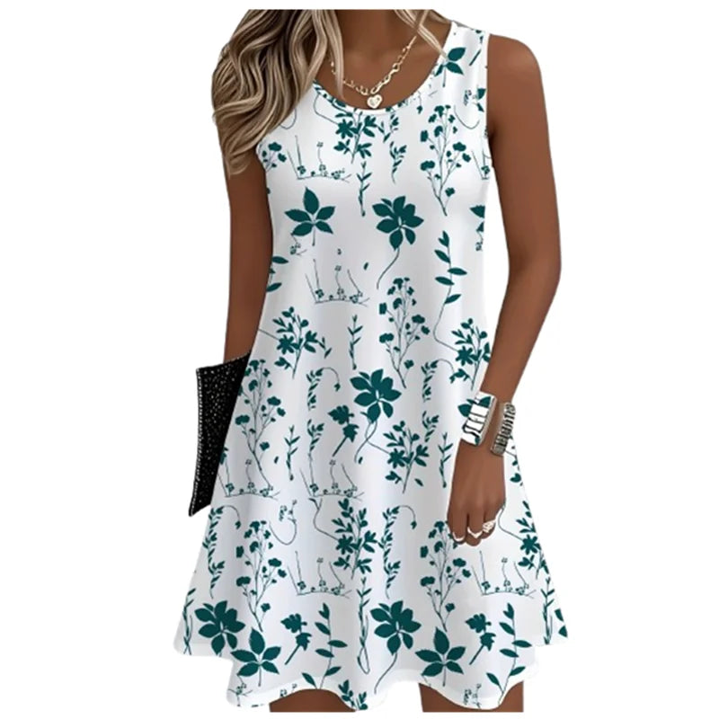 2025, Damen-Sommerkleid, Blumenkleid, lässig, ärmellos, O-Ausschnitt, lockeres Minikleid, Sommer-Damen-Tank-Blume, 3D-Druck, Strand, kurzes Kleid