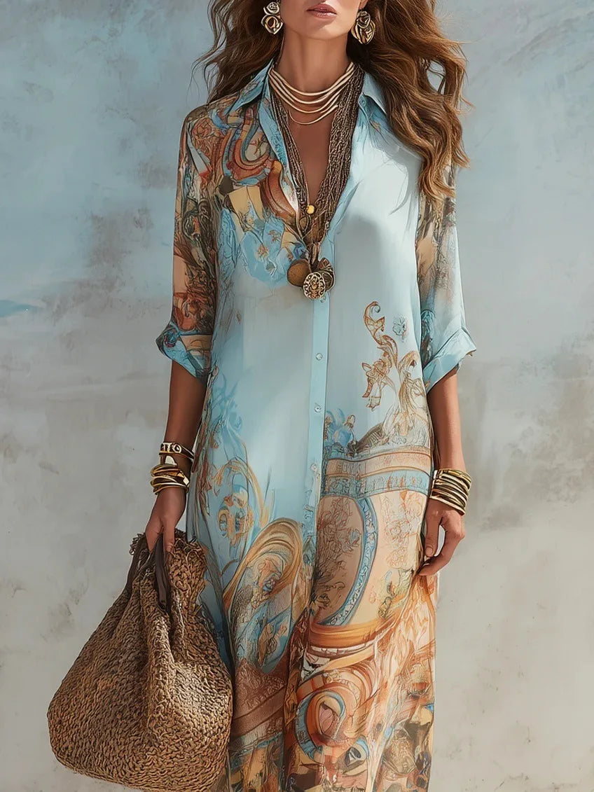 Elegantes Hemdkleid für Damen, Chiffon, Digitaldruck, Umlegekragen, einreihig, fließend, lässig, Boho, Sommerkleidung