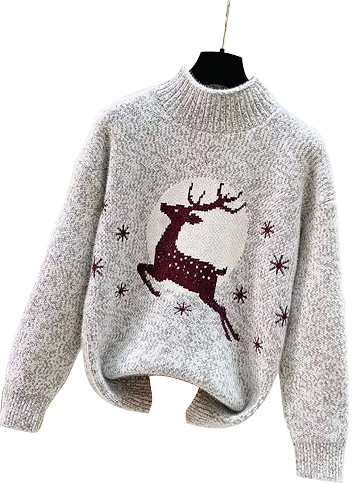 Vintage Herbstmode Damen Mittelhochgeschlossener Pullover mit Elch-Weihnachtsmotiv, Langarm-Sweater, Herbstkleidung für Frauen