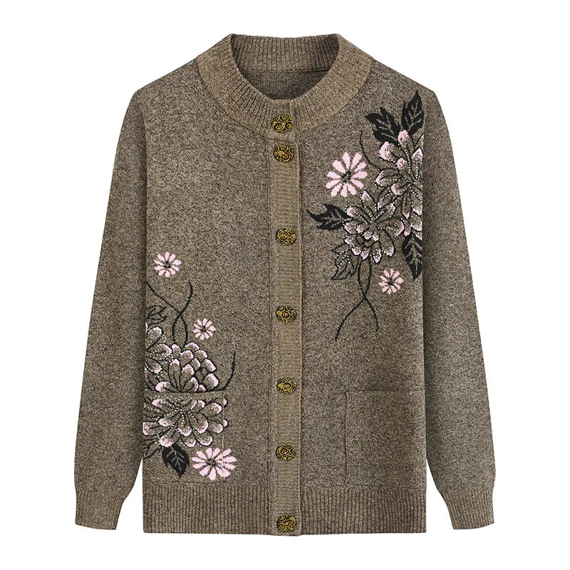 Neue Druck Mittleren Alters Mutter der Frühling Herbst Langarm Pullover Frauen Gestrickte Bodenbildung Shirt Wolle Winter Oma Strickjacke