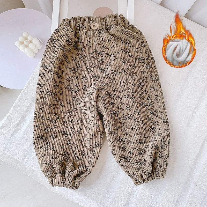 Koreanischer Stil Kleinkind Mädchen Cord Haremshose 1-8Y Leoparden-Blumendruck Herbst Winter gefütterte oder dünne Freizeithose
