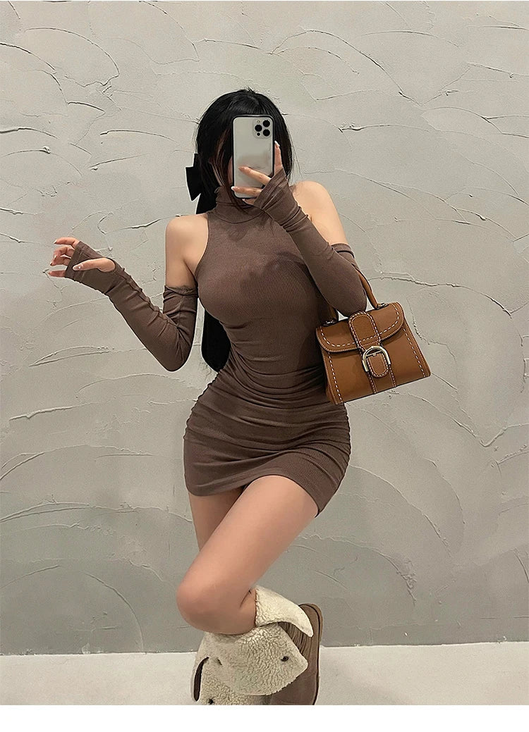 Sommer Sexy High Neck Enges Kleid Oversleeve Plissee Unten Eingewickelt Hüfte Kleid Frauen Bodycon