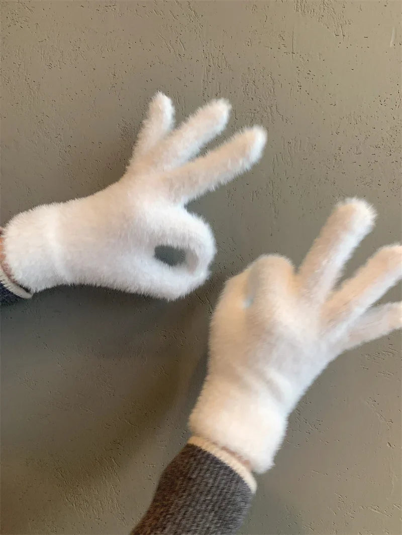 Mode Winter Nerz Samt Fünf Finger Handschuhe Plüsch Warme Kalt-proof Handschuhe Frauen Im Freien Radfahren Einfarbig Wistiti Fäustlinge