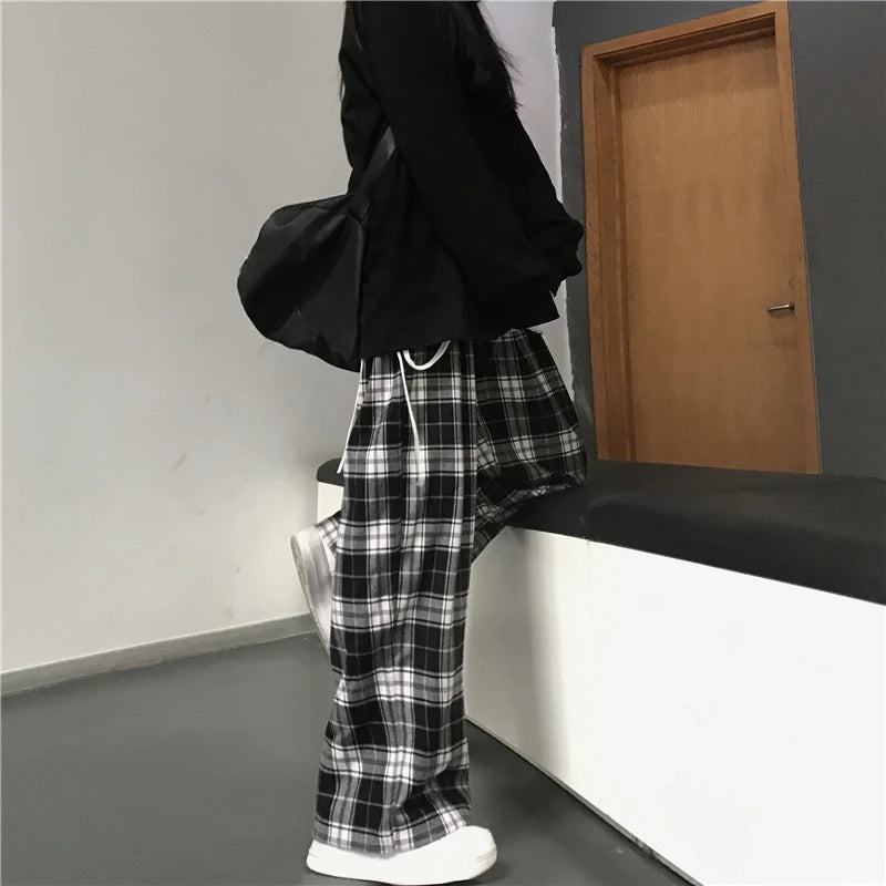 Oversize Frauen Jogginghose Mode Schwarz Plaid Casual Hosen Baggy Elastische Taille Taschen Student Unisex Hip Hop Lose Hosen