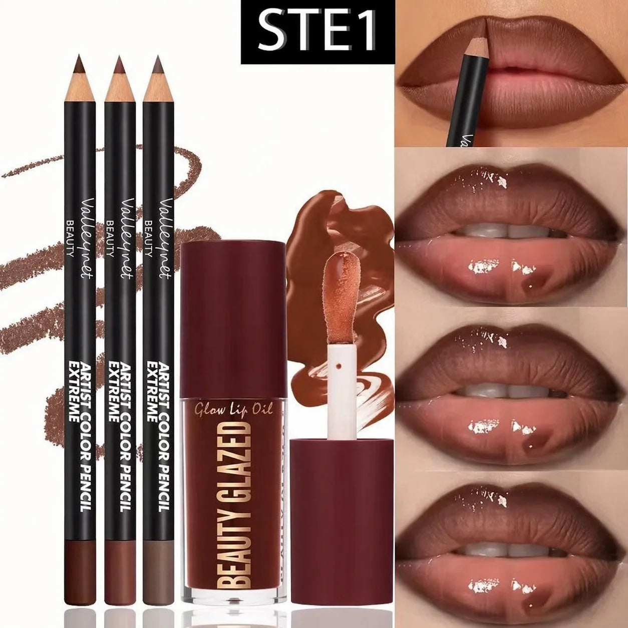 4-teiliges Lippen-Set – 3 Stück Lipliner + 1 Stück Lip Glaze, wasserfest und langanhaltender mattierter Effekt, vielseitig einsetzbar für lässige und formelle Anlässe.