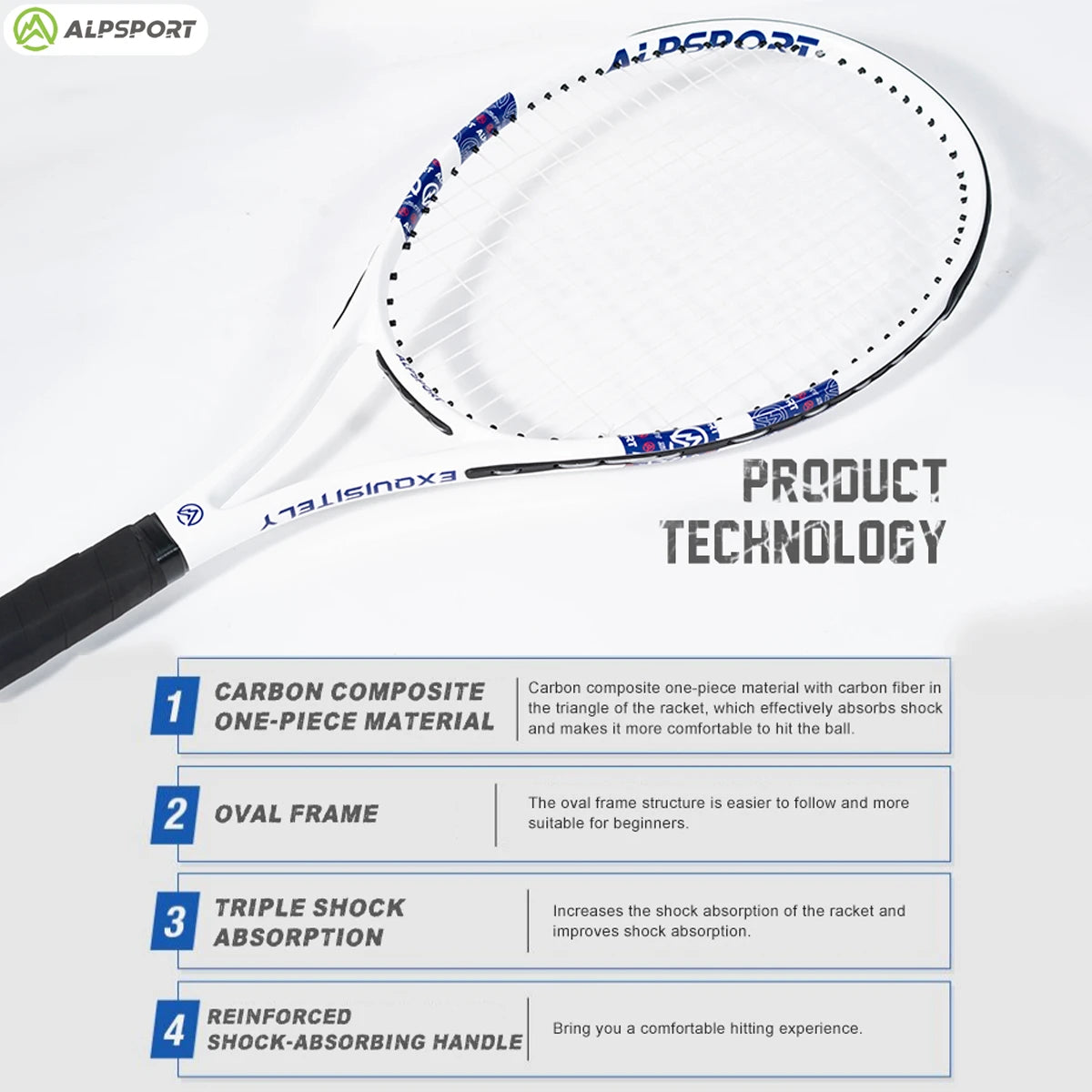 ALPSPORT T800 18K Professioneller Tennis-Schläger aus Carbonfaser – Leicht (280g) mit Tasche & Rutschfestem Gurt, Schneller Versand für Turniere