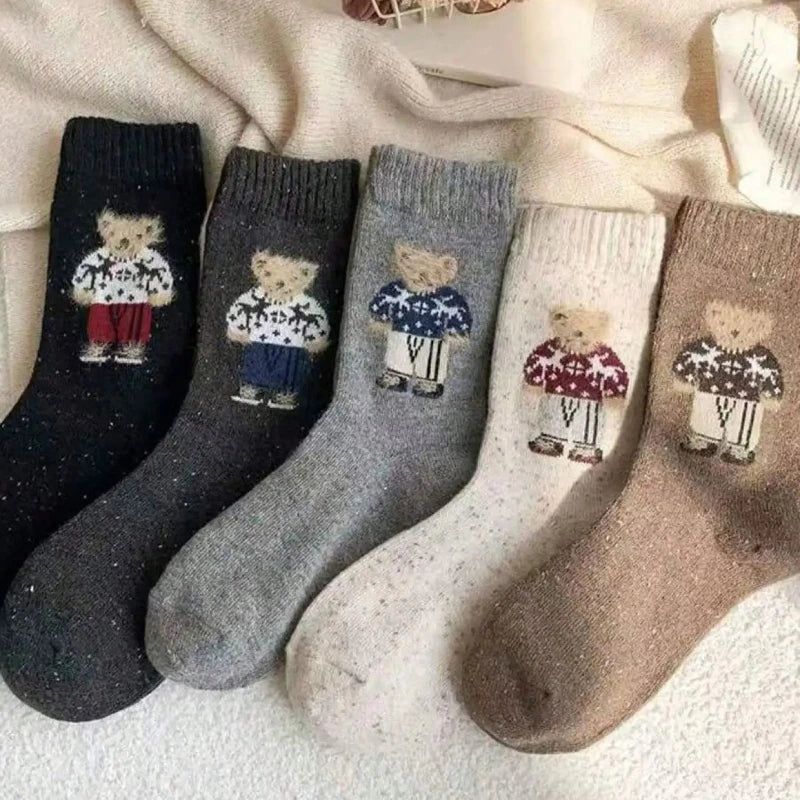 2/3/5 Paar Mädchensocken mit schönen Cartoon Bears, Autumn-Winter thick, warm Wollstocken