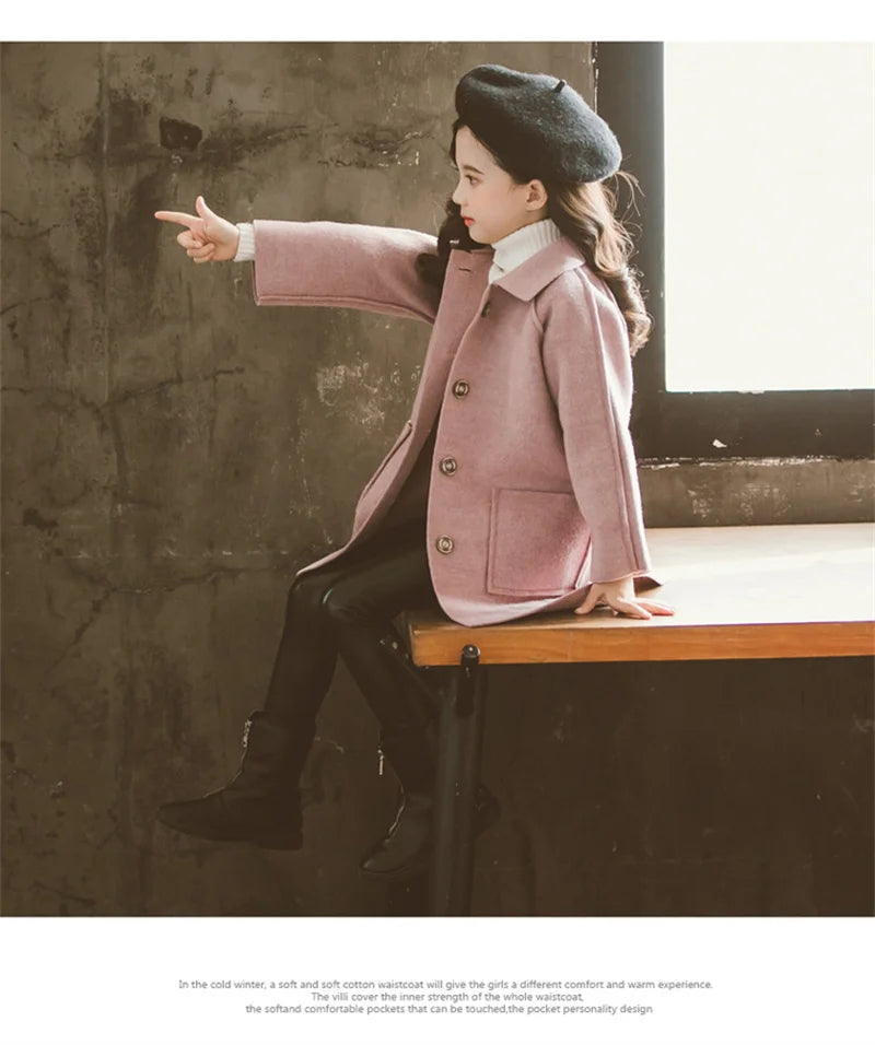 Mädchen Wolle warme Mäntel Kinder Herbst Winter lässige Oberbekleidung Kinder feste Farbe Mode Jacke Teen Turndown Kragen Kleidung