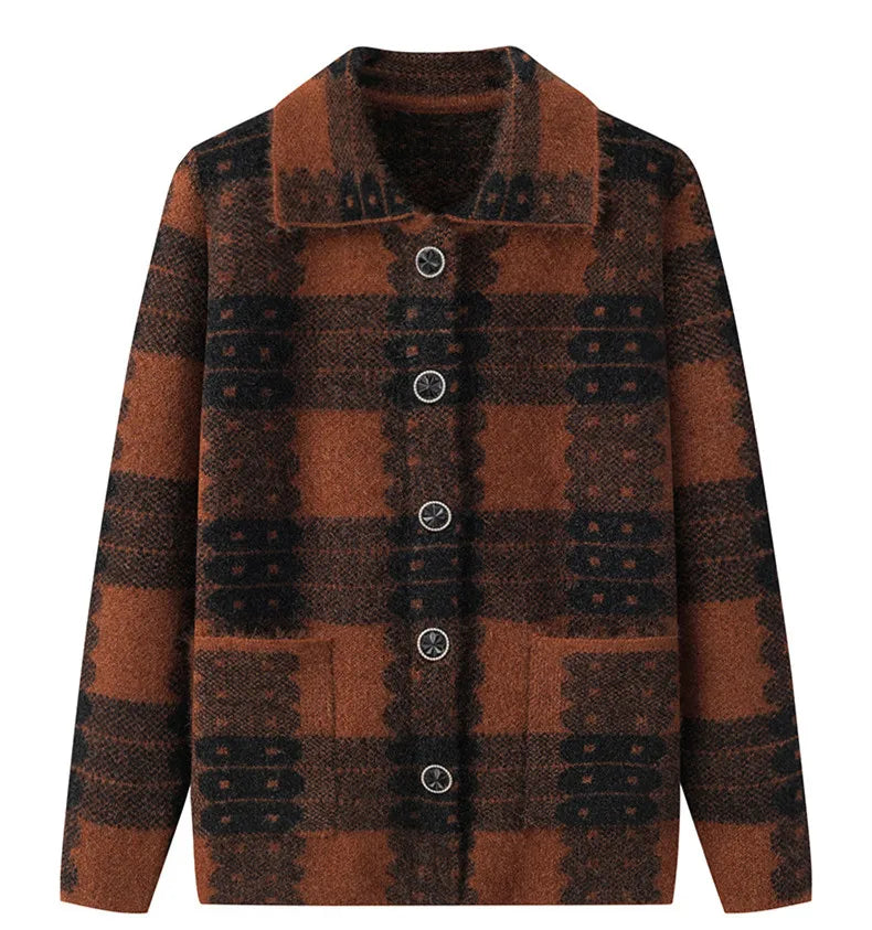 Casual Plaid Herbst Winter Kleidung Mittleren Alters Mutter Pullover Strickwaren Tops Verdicken Oma Warm Woolen Mantel Frauen Strickjacke