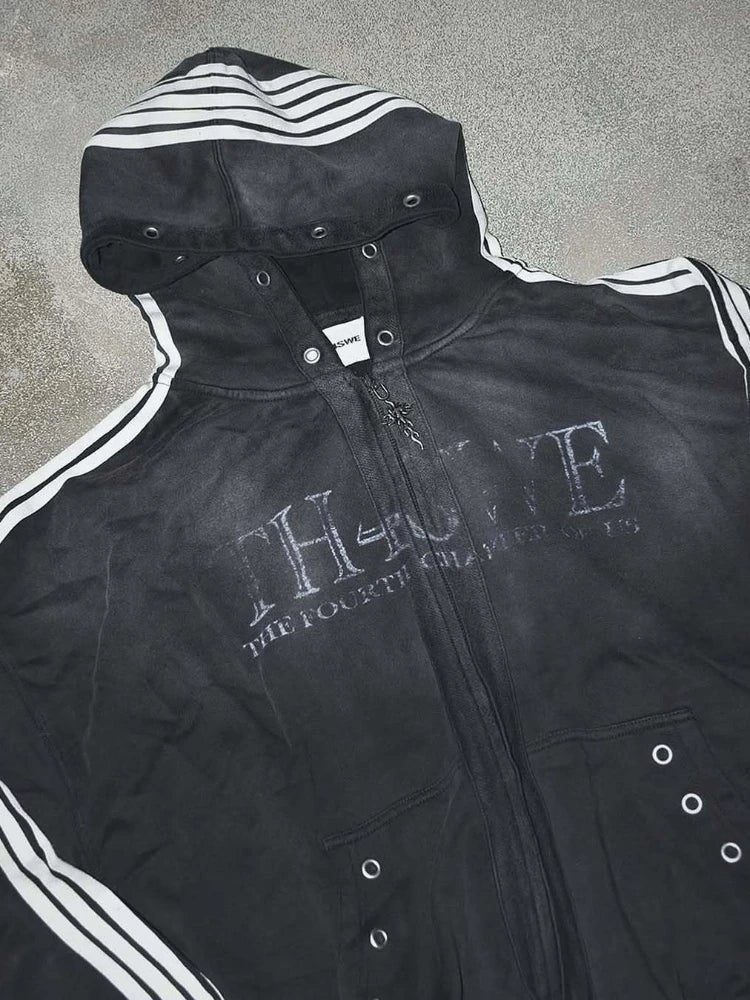 Kurze Kapuzenjacke mit Reißverschluss für Junge Männer, Oversized mit Fallenden Schultern, Gestreiften Ärmeln, Ösen-Taschen, Vintage-Schriftzug, Dunkler Street-Style für Teenager