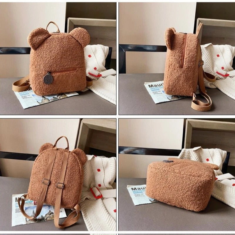 Niedlicher Fleece-Rucksack mit Bärenohren für Mädchen, 1 Stück warmer kleiner Tagesrucksack aus Lammwolle, lässiger Kinder-Schulranzen-Rucksack für Reisen, Einkaufen