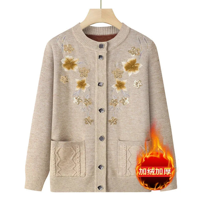 Herbst Winter warme Pullover Jacke Damen Print mittleren Alters Mutter Strickjacke Oma plus Samt Strickjacke Mantel weiblich 2915