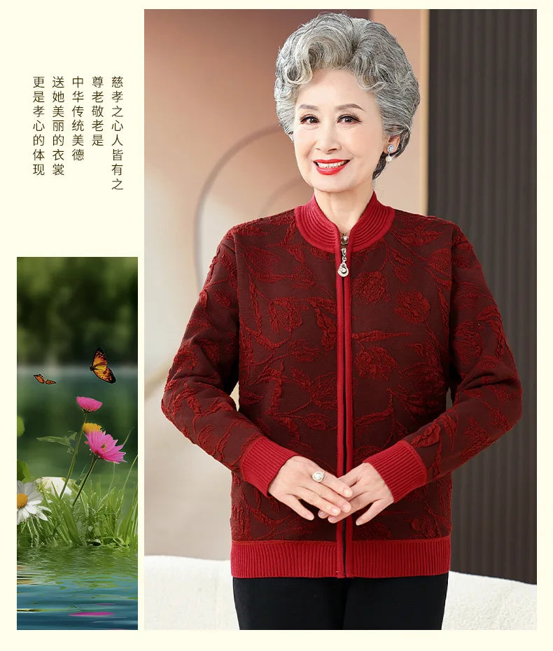 Plus Size Frauen drucken Strickjacke Mantel mittleren Alters Mutter schlanke Pullover Jacke Oma Winter Plüsch warme Kleidung