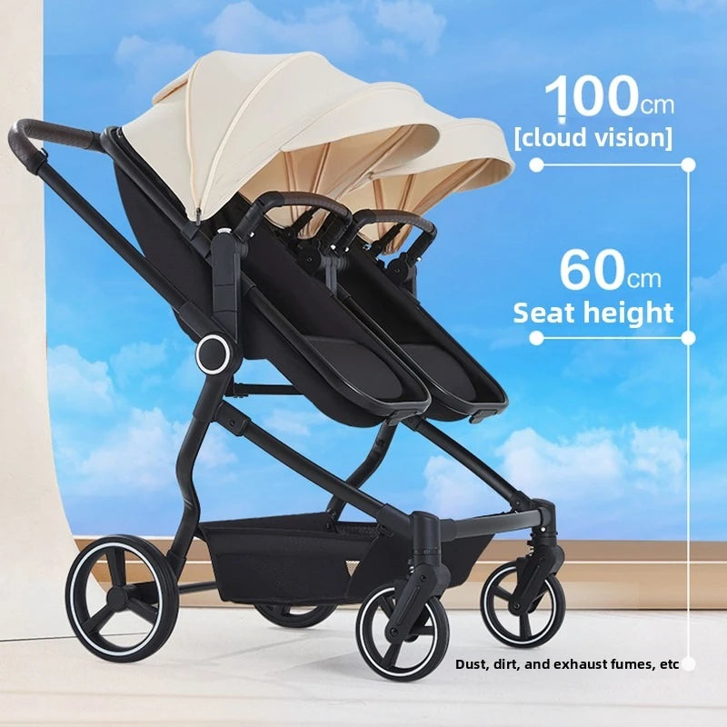 Integrierter Hochansicht-Kinderwagen für zwei Babys, kann sitzen oder liegen, ultraleichter, tragbarer, faltbarer Outdoor-Reisewagen