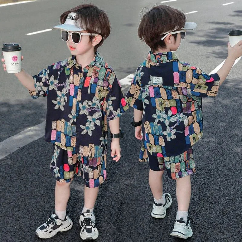 Bedrucktes Hemd, koreanische Kleidung, Kinder-Oberteil, Kinder ab 8–12 Jahren, Sommeranzug für Jungen, Kinder, Jungen, Kleidungsset, 4-altes Kostüm 7