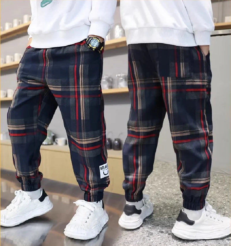 Jungen Dicke Plaid Hosen Frühling Herbst Mädchen Plus Samt Warme Kordelzug Kinder Trend Hosen Mode Teen Sport Casual Hosen 4-12Y