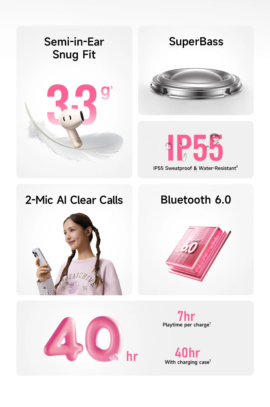 Baseus Bass BS2 Lite True Wireless Earbuds Bluetooth 6.0 Semi-In-Ear-Kopfhörer 2-Mikrofon AI ENC 40H Spielzeit IP55 SuperBass Ohrhörer