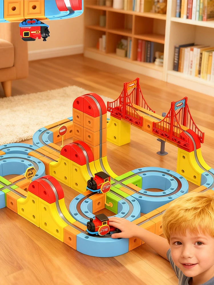 Magnetisches Elektrisches Eisenbahnset Magische Schienenbahn DIY Würfelspielzeug Kreatives Lernmodell Eisenbahnautos Spielzeug Geschenke für Kinder Jungen ab 3 Jahren
