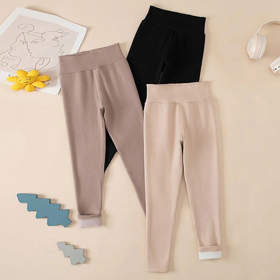 3/1-teiliges Set für Herbst und Winter, Kinder, einfarbig, mittelhohe Taille, dicke Leggings, Jungen und Mädchen, Fleece, warme Freizeithose