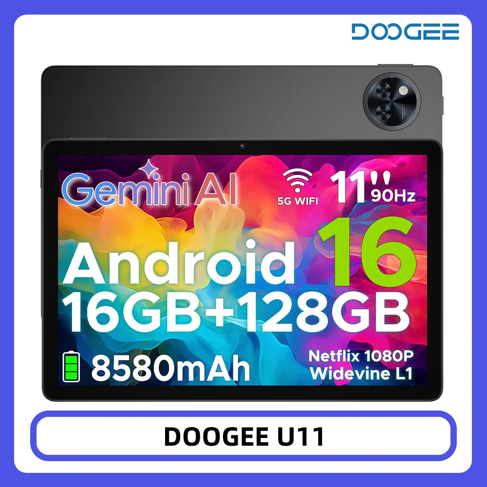 DOOGEE U11 Tablet 11" Ultra-klares 90-Hz-Display 16 GB 128 GB 8580 mAh Akku Unisoc T7200 Dual-Lautsprecher Widevine L1 Android 16