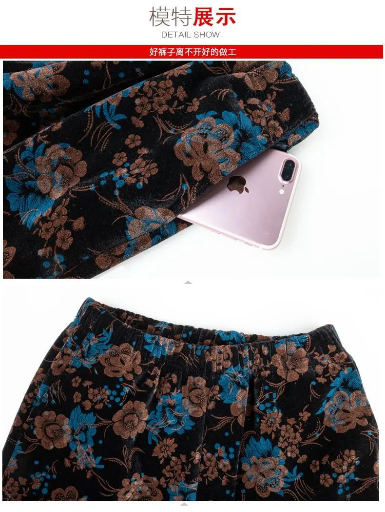 Herbst-Winter-Samthose mit Blumenmuster für Ältere Frauen, Lose Warme Verdickte Freizeithose für Oma und Mutter