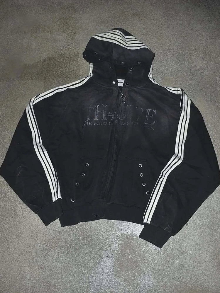 Kurze Kapuzenjacke mit Reißverschluss für Junge Männer, Oversized mit Fallenden Schultern, Gestreiften Ärmeln, Ösen-Taschen, Vintage-Schriftzug, Dunkler Street-Style für Teenager