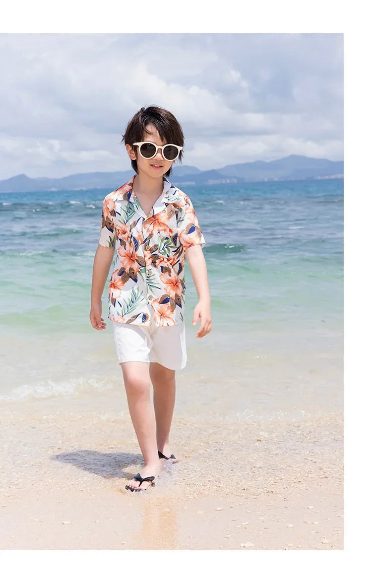 Family Look Vacation Beachwear Mother Daughter Sleeveless Dress Dad Son Matching Floral Shirt Set Parent-Child Holiday Outfits