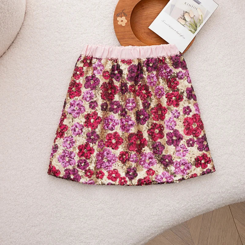 Mädchen Paillettenrock Blumenmode A-Linie Kurzer Rock für Kinder bestickt Elegante Prinzessin Herbst Winter Teen Kinder Kostüme