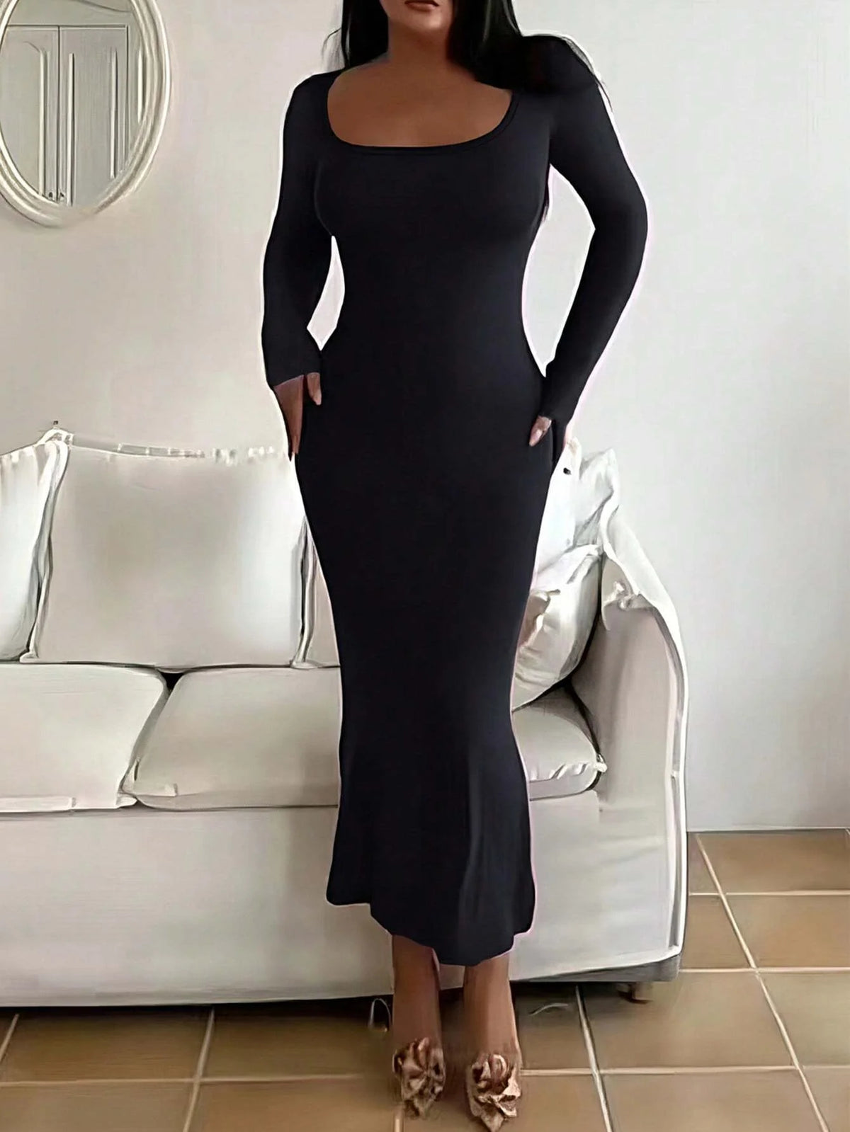 Solides, langärmliges, figurbetontes Damenkleid, schickes, einfaches, minimalistisches, lässiges, modisches, langes Kleid mit U-Ausschnitt, Damenbekleidung