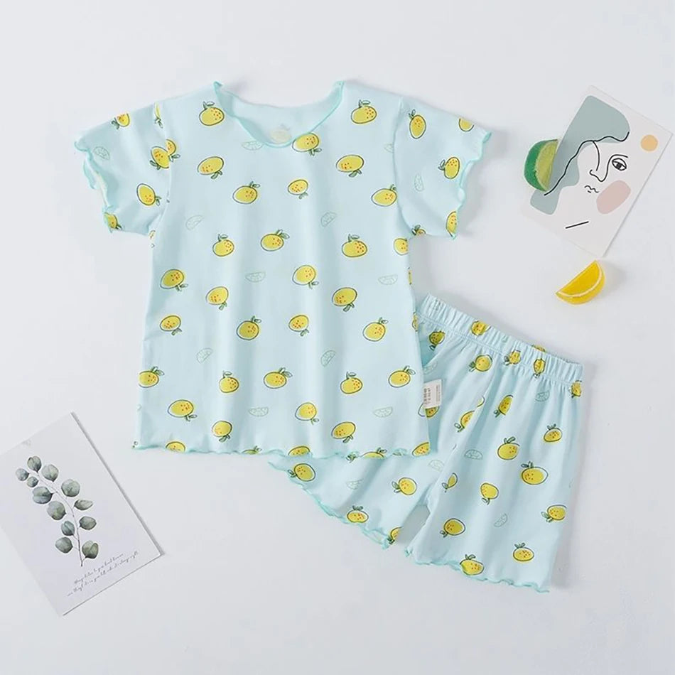 Erdbeer-Pyjama-Set für Babymädchen, Sommer, kurzärmelig, dünn, zweiteilig, Kleinkinder-Schlafanzug, Baby-Heimkleidung