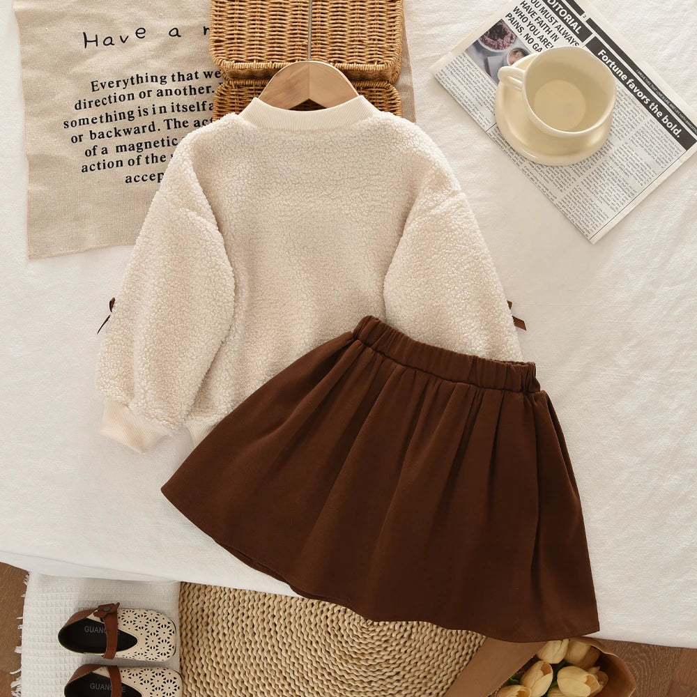 Khaki Mode Herbst Winter Neue 3-7 Jahre Alte Mädchen Rundhals Langarm Bogen Top + Falten rock Zwei Stück Set Koreanische Version