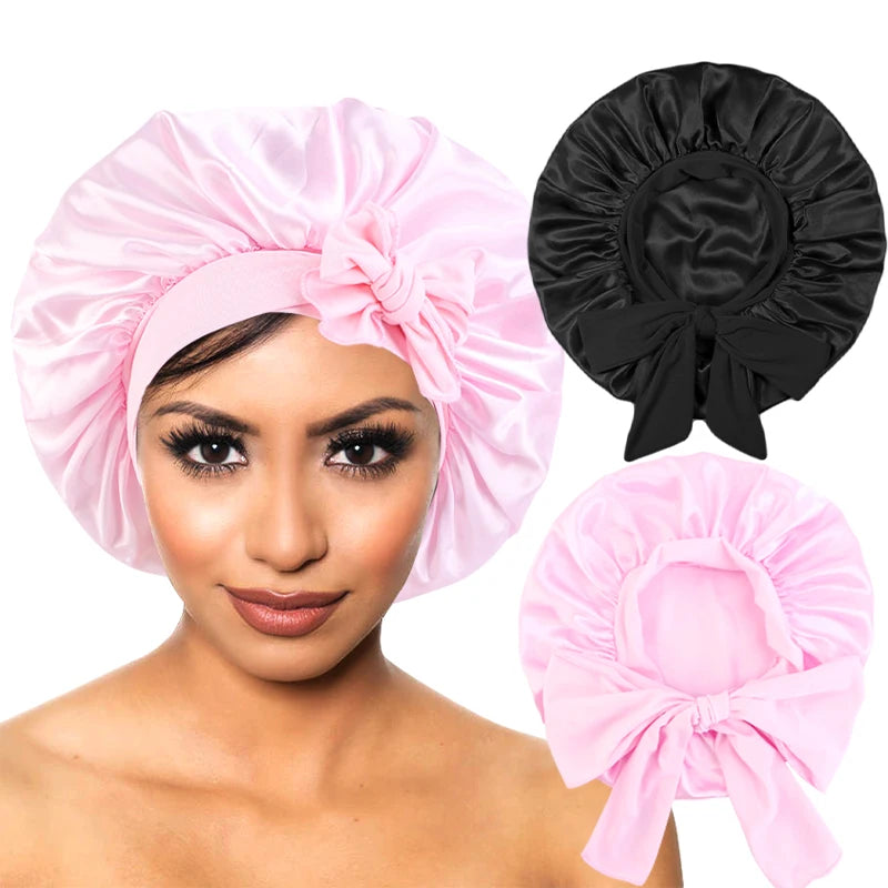 Neue Satin Schlafmütze Für Frauen Feste Breite Band Stretch Kopf Krawatte Seidige Motorhaube Rand Wrap Schlummertrunk Haarpflege Dusche Kopf Abdeckung