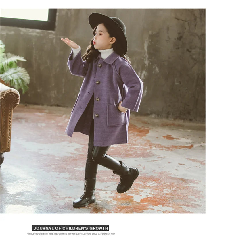 Mädchen Wolle warme Mäntel Kinder Herbst Winter lässige Oberbekleidung Kinder feste Farbe Mode Jacke Teen Turndown Kragen Kleidung