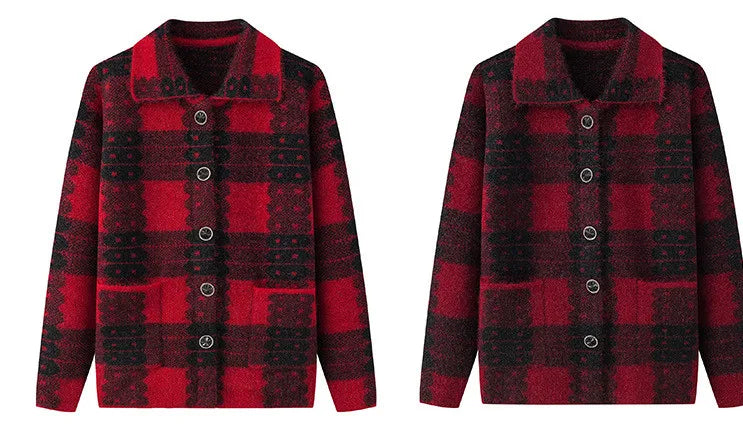 Casual Plaid Herbst Winter Kleidung Mittleren Alters Mutter Pullover Strickwaren Tops Verdicken Oma Warm Woolen Mantel Frauen Strickjacke