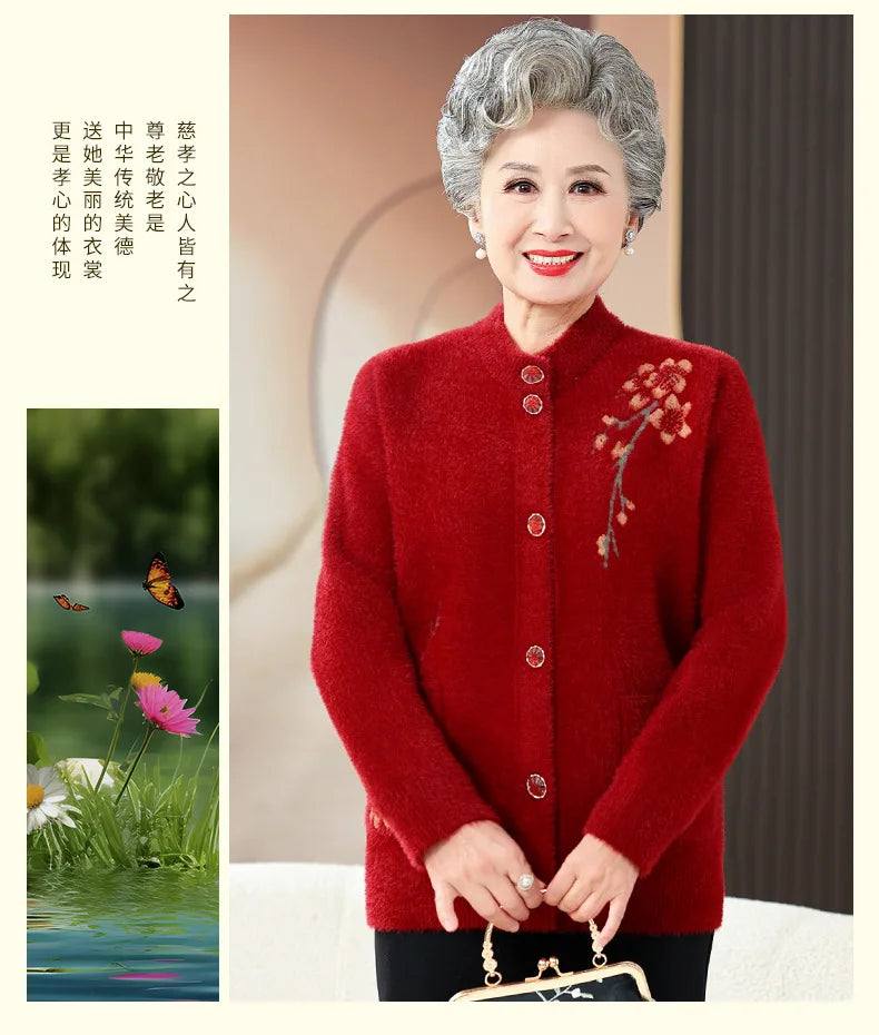 Oma Dicke Warme Nerz Samt Pullover Top Winter Mittleren Alters Mutter Draußen Tragen Strickjacke Jacke Vintage Frauen Gestrickte Mantel