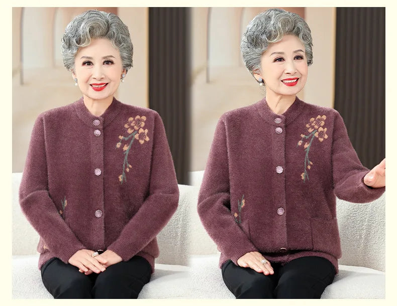 Oma Dicke Warme Nerz Samt Pullover Top Winter Mittleren Alters Mutter Draußen Tragen Strickjacke Jacke Vintage Frauen Gestrickte Mantel