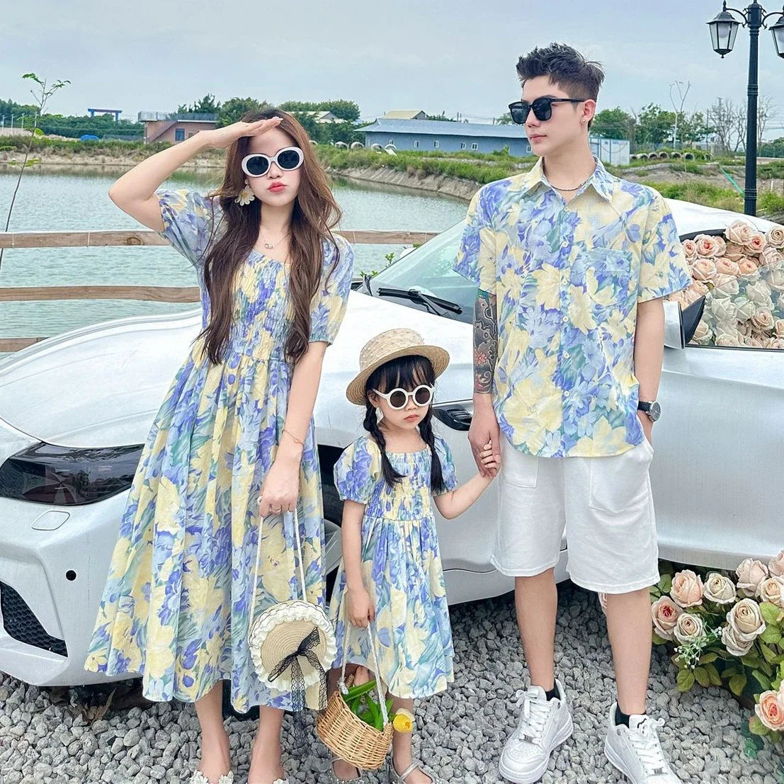 Urlaub Look Familie passende Kleidung Urlaub Mutter Tochter Mädchen Kittel Kleid Papa Sohn Blumen hemden Schwester Bruder Zwillinge Kleidung